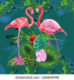 Tropical trendy seamless pattern with pink flamingos and mint green palm leaves. Exotic art background. Design