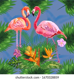 Tropical trendy seamless pattern with pink flamingos and mint green palm leaves. Exotic art background. Design