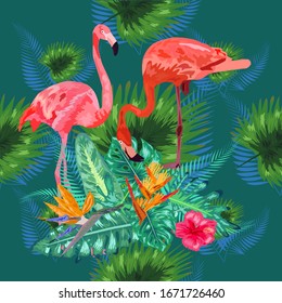 Tropical trendy seamless pattern with pink flamingos and mint green palm leaves. Exotic art background. Design
