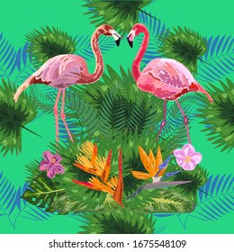 Tropical trendy seamless pattern with pink flamingos and mint green palm leaves. Exotic art background. Design
