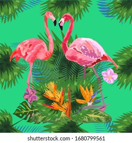 Tropical trendy seamless pattern with pink flamingos and mint green palm leaves. Exotic art background. Design