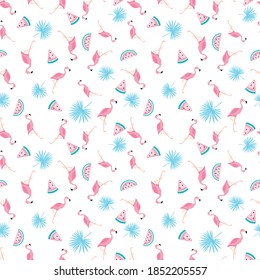 Tropical trendy seamless pattern with pink flamingos and mint green palm leaves. Exotic Hawaii art background. Design for fabric and decor.