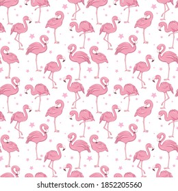 Tropical trendy seamless pattern with pink flamingos and mint green palm leaves. Exotic Hawaii art background. Design for fabric and decor.