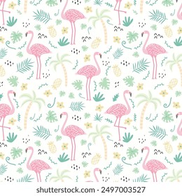 Tropical trendy seamless pattern with pink flamingo. Design for fabric, wallpaper, textile and decor.