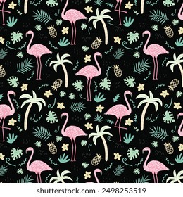 Tropical trendy seamless pattern with pink flamingo. Design for fabric, wallpaper, textile and decor.