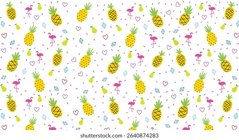 Tropical trendy seamless pattern with pink flamingos, pineapples and  palm leaves on White background. Exotic Hawaii art background. Design for fabric, wallpaper, textile and decor.