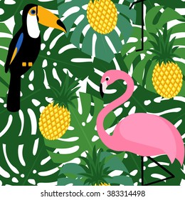 Patrón trópico a la perfección con flamencos rosas, tucanes, piñas y hojas de palma verdes. Exóticos antecedentes artísticos de Hawaii. Diseño de tejidos y decoración.
