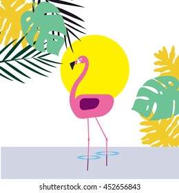Tropical trendy seamless pattern with pink flamingos and mint green palm leaves. Exotic Hawaii art background. Design for fabric and decor.