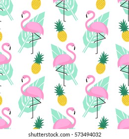 Tropical trendy seamless pattern with pink flamingos, pineapples and green palm leaves on white background. Exotic Hawaii art background. Design for fabric, wallpaper, textile and decor.