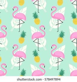 Tropical trendy seamless pattern with pink flamingos, pineapples and  palm leaves on mint green background. Exotic Hawaii art background. Design for fabric, wallpaper, textile and decor.