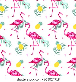 Tropical trendy seamless pattern with pink flamingos, and palm leaves. Summer, Exotic Hawaii art background, memphis style. Design for fabric, wallpaper, textile and decor