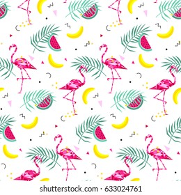 Tropical trendy seamless pattern with pink flamingos, and palm leaves. Summer, Exotic Hawaii art background, memphis style. Design for fabric, wallpaper, textile and decor