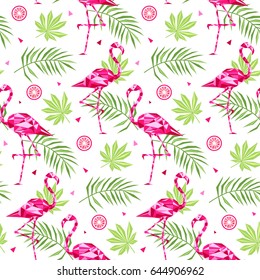 Tropical trendy seamless pattern with pink flamingos, and palm leaves. Summer, Exotic Hawaii art background, memphis style. Design for fabric, wallpaper, textile and decor