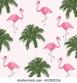 Tropical trendy seamless pattern with pink flamingos and palms background. Exotic Hawaii art background. Design for fabric, wallpaper, textile and decor.