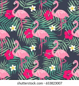 Tropical trendy seamless pattern with pink flamingo, pineapples, tropical leafs. Beach background. Tropical paradise