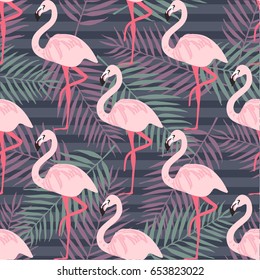 Tropical trendy seamless pattern with pink flamingo, pineapples, tropical leafs. Beach background. Tropical paradise