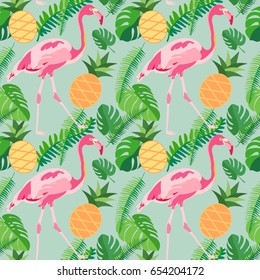 Tropical trendy seamless pattern with pink flamingos, pineapples and palm leaves