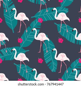 Tropical trendy seamless pattern with pink flamingo, pineapples, tropical leafs. Beach background. Tropical paradise