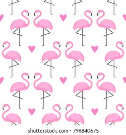 Tropical trendy seamless pattern with pink flamingos and hearts. Cute Valentines day background. Design for fabric, wallpaper, textile and decor.