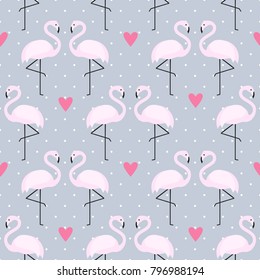 Tropical trendy seamless pattern with pink flamingos, hearts and dots on grey background. Cute Valentines day background. Design for fabric, wallpaper, textile and decor.