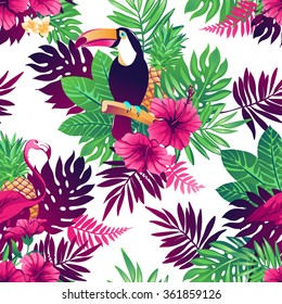 Tropical trendy seamless pattern with toucans, flamingos, exotic flowers and leaves.