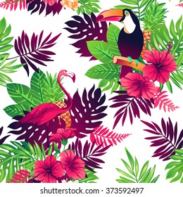 Tropical trendy seamless pattern with toucans, flamingos, exotic flowers and leaves.