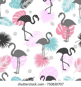 Tropical trendy seamless vector pattern with flamingo and palm leaves