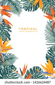 Tropical, trendy, template design for poster, greeting or invitation card, cover, party, advertisement, sale banner. Background with frame made of tropical leaves and flowers with place for your text.