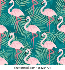 Tropische trendige, nahtlose Muster mit rosafarbenen Flamingos, tropischen Blättern. Strandhintergrund. Paradies Muster. Tropischer Vogel und Blatt