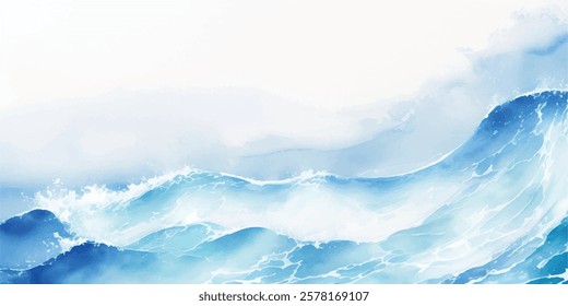 "Tropical Tsunami Waves in Fluid Blue and White Watercolor, Forming an Abstract Oceanic Design with Bold, Smooth, Cartoon-style Layers and an Inviting Splash Effect That Evokes a Peaceful Seaside Scen