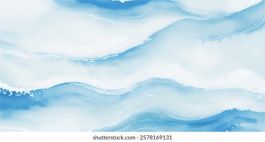"Tropical Tsunami Waves in Fluid Blue and White Watercolor, Forming an Abstract Oceanic Design with Bold, Smooth, Cartoon-style Layers and an Inviting Splash Effect That Evokes a Peaceful Seaside Scen