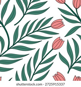 Patrón de azulejos sin fisuras de tulipán tropical con exuberantes hojas verdes y vibrantes centros de tulipán sobre fondo blanco ideal para el concepto de salones soleados como hojas de tulipán verde exuberante y vibrantes centros sobre fondo blanco crean un patrón de azulejos sin fisuras de tulipán tropical para salones soleados en Foto de archivo Concepto y espacio vacío en el lado izquierdo, sin texto --ar 7:2 --tile