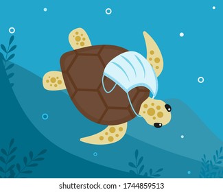 Tropische Schildkröte mit medizinischer chirurgischer Schutzmaske um den Hals schwimmt am Meeresboden. Wasserverschmutzung. Folge übermäßiger Anwendung, Überkonsum . Vector flache Abbildung.