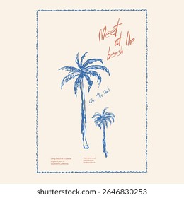 tropical twin palm tree in hand drawn style vector graphics. meet at the beach slogan handwriting text at this sketch. summer t shirt design