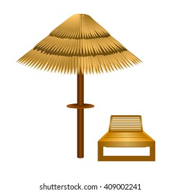 Tropical umbrella. Sunbed for relaxing and sunbathing. Wooden beach bench. Hobby on vacation. A place to rest. Icon for a travel company. Isolated.Vector illustration