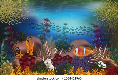 Tropical underwater background with pearls and tropical fish , vector illustration