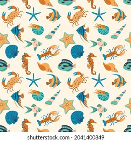 Tropical underwater fauna seamless pattern vector illustration. Exotic fishes texture design. Ocean wildlife background. Reef animals wrapping.