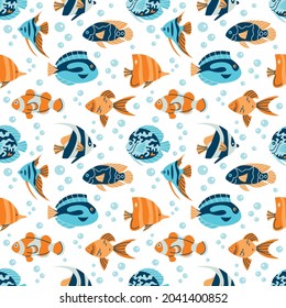 Tropical underwater fauna seamless pattern vector illustration. Exotic fishes texture design. Ocean wildlife background. Reef animals wrapping.