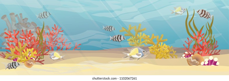 Tropical underwater landscape. The bottom of the coral reef with exotic fish, corals, sea sponges, sand and stones. Vector illustration of a sea life