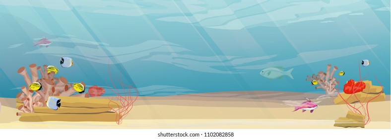 Tropical underwater landscape. The bottom of the coral reef with exotic fish, corals, sea sponges, sand and stones. Vector illustration. Banner.