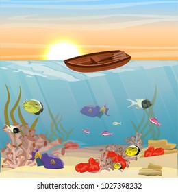 Tropical underwater landscape. Sandy bottom of coral reef with exotic tropical fish, corals, seaweed, sea sponges and starfish. Small wooden boat. Vector illustration of a sea life
