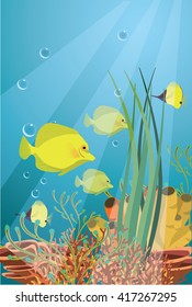 Tropical underwater life - coral reef with fish on a blue sea background. Vector illustration.