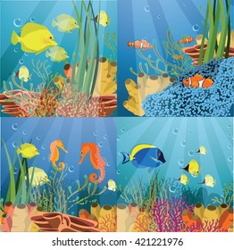 Tropical underwater life - coral reef with fish on a blue sea background. Vector illustration. Set of the vector illustrations.