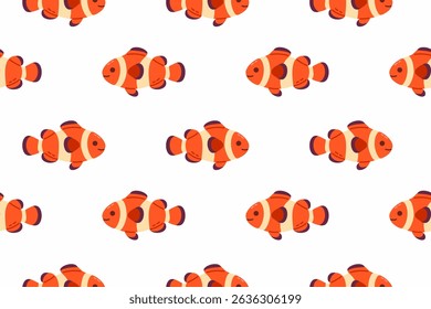 Tropical underwater pattern with orange clownfish repeated on white background, suitable for children and ocean themes