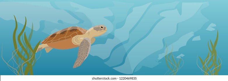 Tropical underwater realistic landscape. A large green sea turtle soup swims under water. Seaweed Vector illustration of a sea life