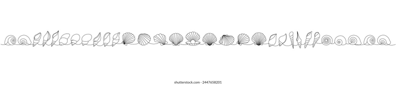 Ilustración continua de una línea de conchas submarinas tropicales. Conchas de mar, moluscos, vieiras, perlas. Vector minimalista ilustración lineal.