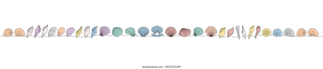 Ilustración continua de una línea de conchas submarinas tropicales. Conchas de mar, moluscos, vieiras, perlas. Vector minimalista ilustración lineal.