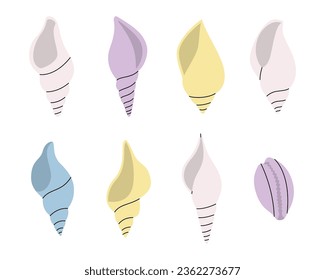 Tropical underwater shells set. Scallop sea shells. Sea shells, mollusks, scallop, pearls. Vector illustration.
