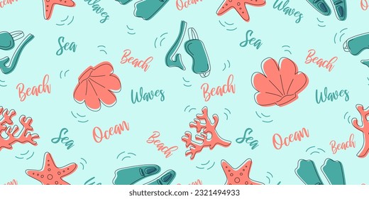 Tropical underwater vector seamless pattern with summer elements. Can be used for decoration of albums, blog, web sites, postcard, poster. Elements - letters, diving mask, coral, shell, swimming fins 