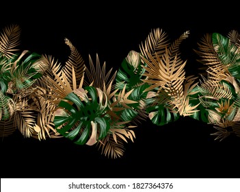 Tropical unusual color leaves. Seamless pattern border frame with vector image. Jungalow style. Botanical theme. Fabulous tropical wallpapers and backgrounds